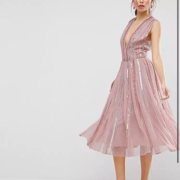 ASOS SALON Sequin Mesh Fit and Flare Midi Dress dress pink beaded size 2 prom - Picture 2 of 15